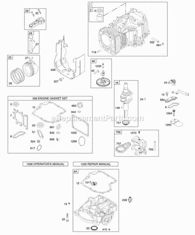 Camshaft Crankshaft Cylinder Engine Sump Gasket Set - Engine Piston Rings Connecting Rod Diagram and Parts List for 28BH76-0114-E1  Briggs and Stratton Engine